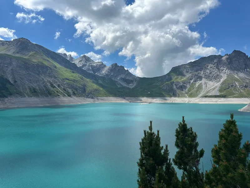 Turquoise bergmeer met naaldbomen op de voorgrond