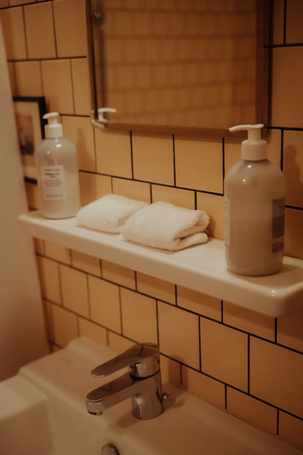 Toiletartikelen en handdoeken in de badkamer van Le Barn
