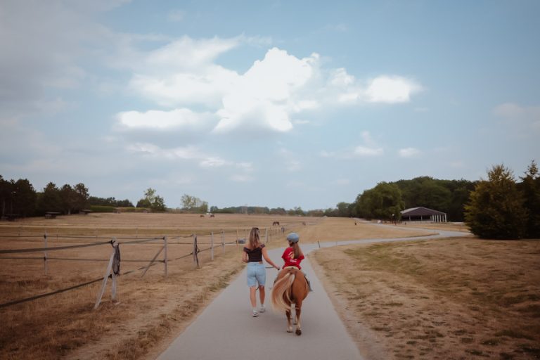 Ponywandeling met een kind op het landgoed van Le Barn