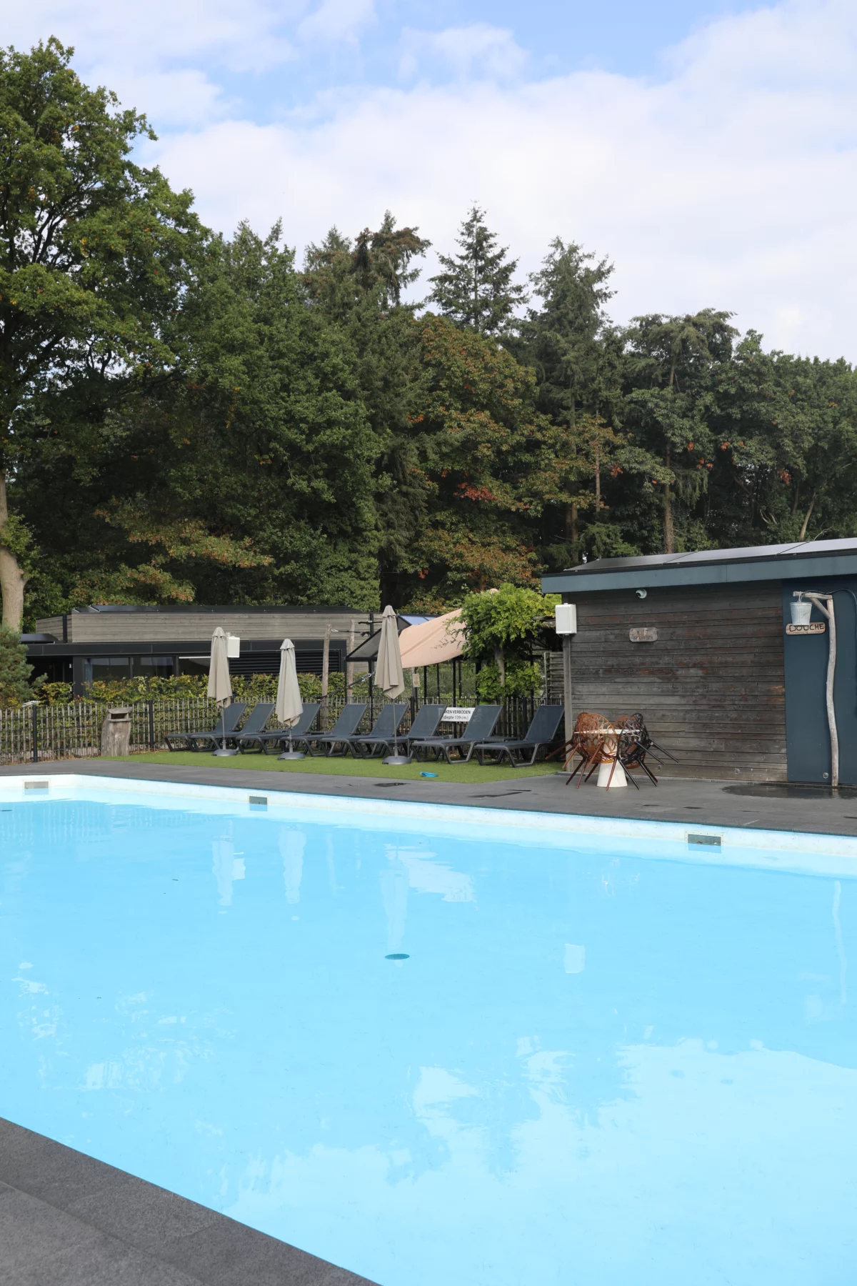 Buitenzwembad met parkgebouwen op Soof Heuvelrug